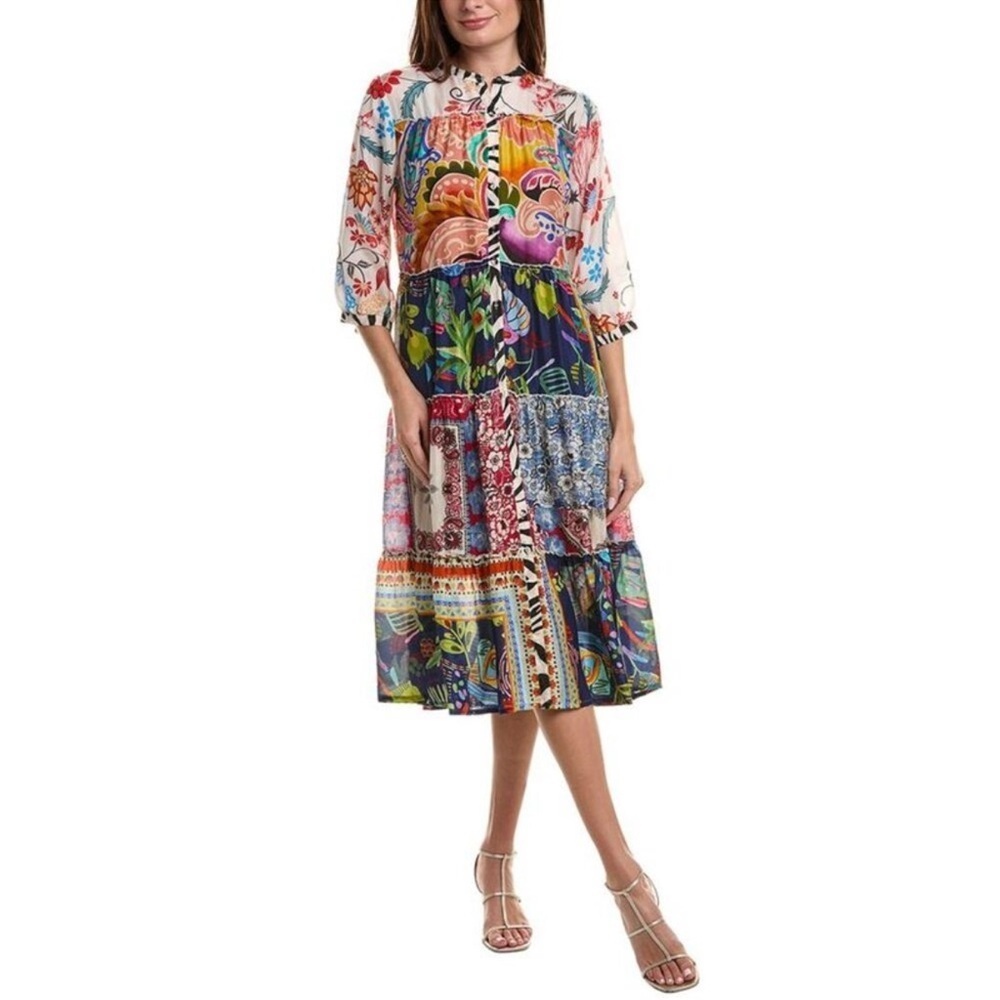 Johnny Was XS Regia Patchwork Floral 100% Silk Midi Tiered Slip Dress NWT $465